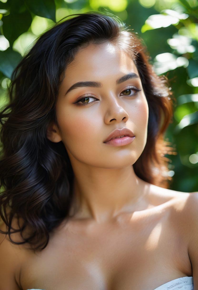 A stunning close-up of a voluptuous model posing gracefully in soft, diffused natural light, highlighting her curves and beauty. The background features lush greenery, creating a sense of intimacy and connection with nature. The model's expression is serene and confident, radiating self-love and empowerment. Elements of artful shadows and soft pastels enhance the composition, evoking warmth and tenderness. super-realistic. vibrant colors. soft focus.