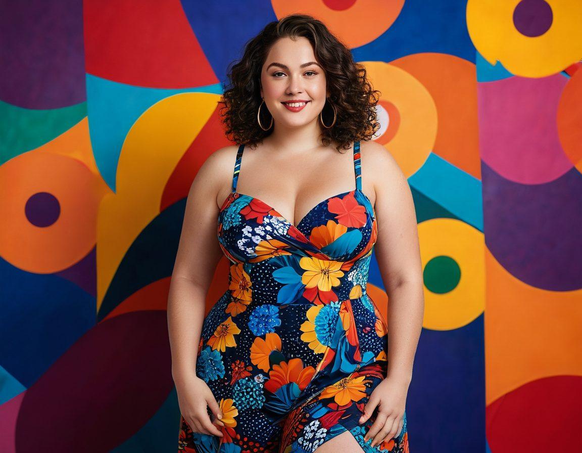 A confident curvy woman playfully posing in a vibrant, abstract background filled with bold colors and shapes, surrounded by playful elements like flowers and soft fabrics, exuding a sense of empowerment and celebration of body positivity. The scene should emphasize the curves in a tasteful yet provocative manner, inviting viewers to appreciate erotic art as a celebration of beauty. super-realistic. vibrant colors. abstract background.